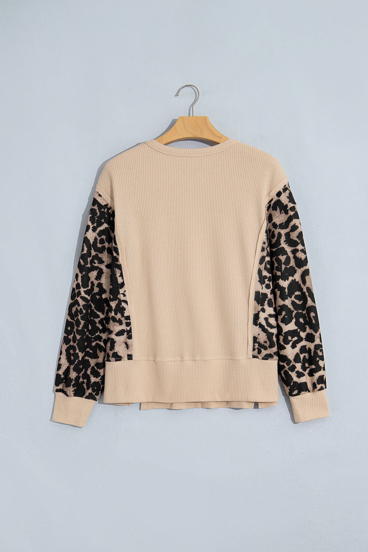 Beige Waffle Knit Top with Leopard Print Sleeves