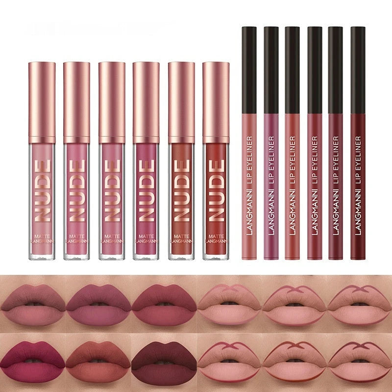 Collection of lip products including lip glosses and liners with visible brand names.