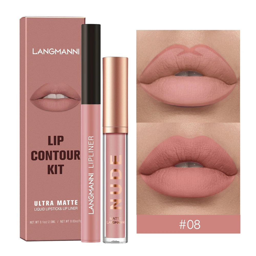 Lip contour kit with lip liner and lipstick, Langmann brand, on a white background