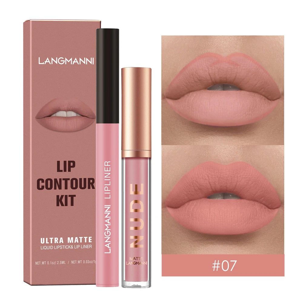 Lip contour kit with lip liner and lipstick, Langmann brand, on a white background.
