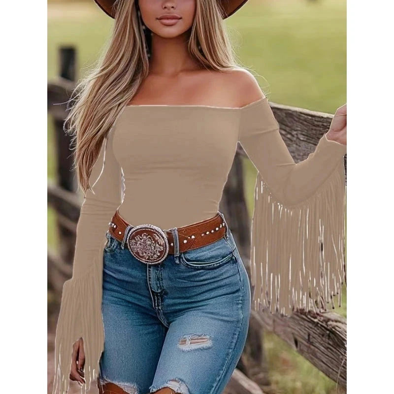 Women's Western Cowgirl Off-Shoulder Fringe Top, Sexy Slim Fitted Long Sleeve Tassel Blouse