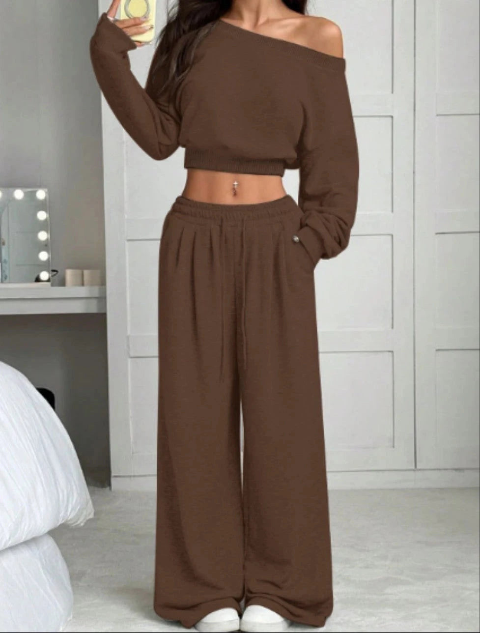 Off-Shoulder Crop Top & Wide-Leg Pants Set