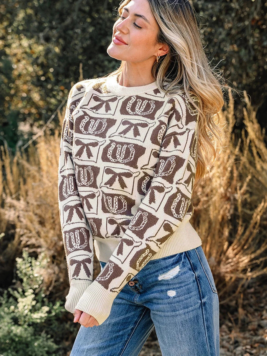 Womens Long-Sleeve Sweater With A Trendy Western-Style Print