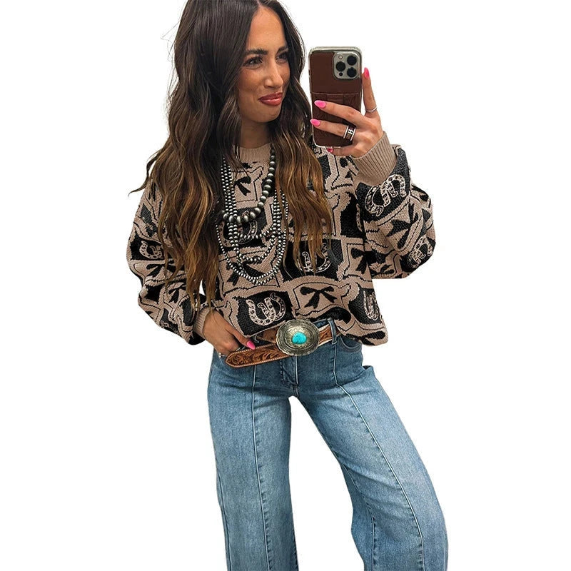 Womens Long-Sleeve Sweater With A Trendy Western-Style Print