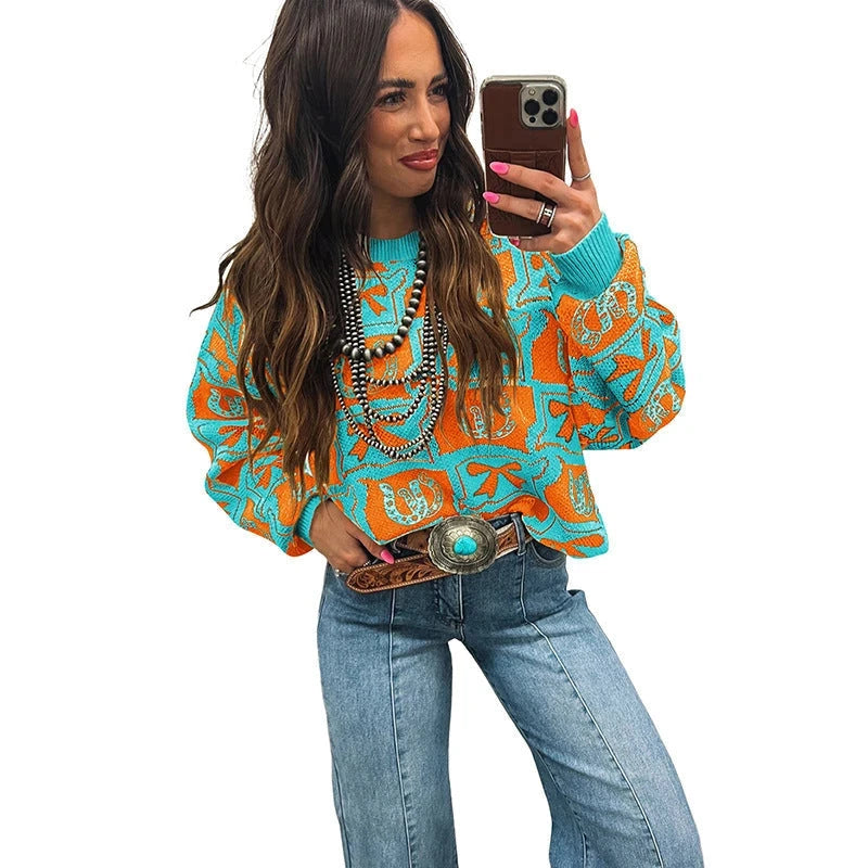 Womens Long-Sleeve Sweater With A Trendy Western-Style Print