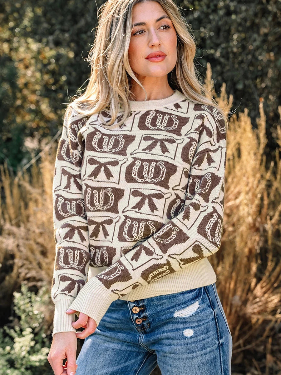Womens Long-Sleeve Sweater With A Trendy Western-Style Print