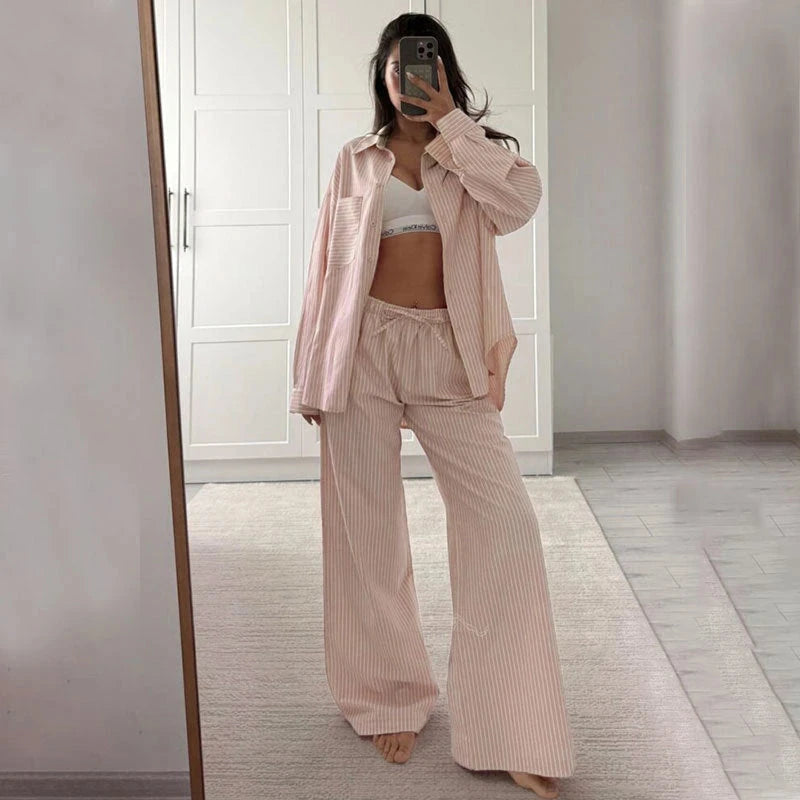 Fashionable Striped Casual Simple Womens Long-Sleeve Top And Pants Loose Set