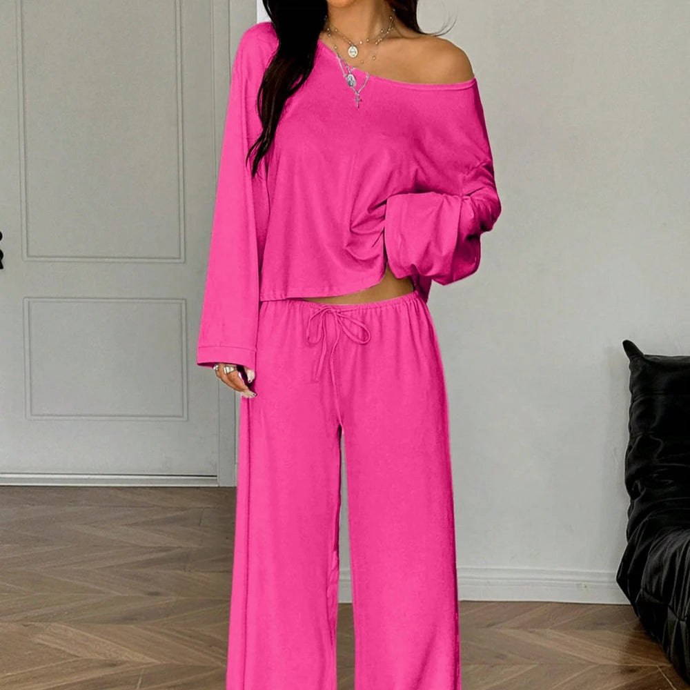 Womens Solid-Color Casual Off-the-Shoulder Long-Sleeve Pants