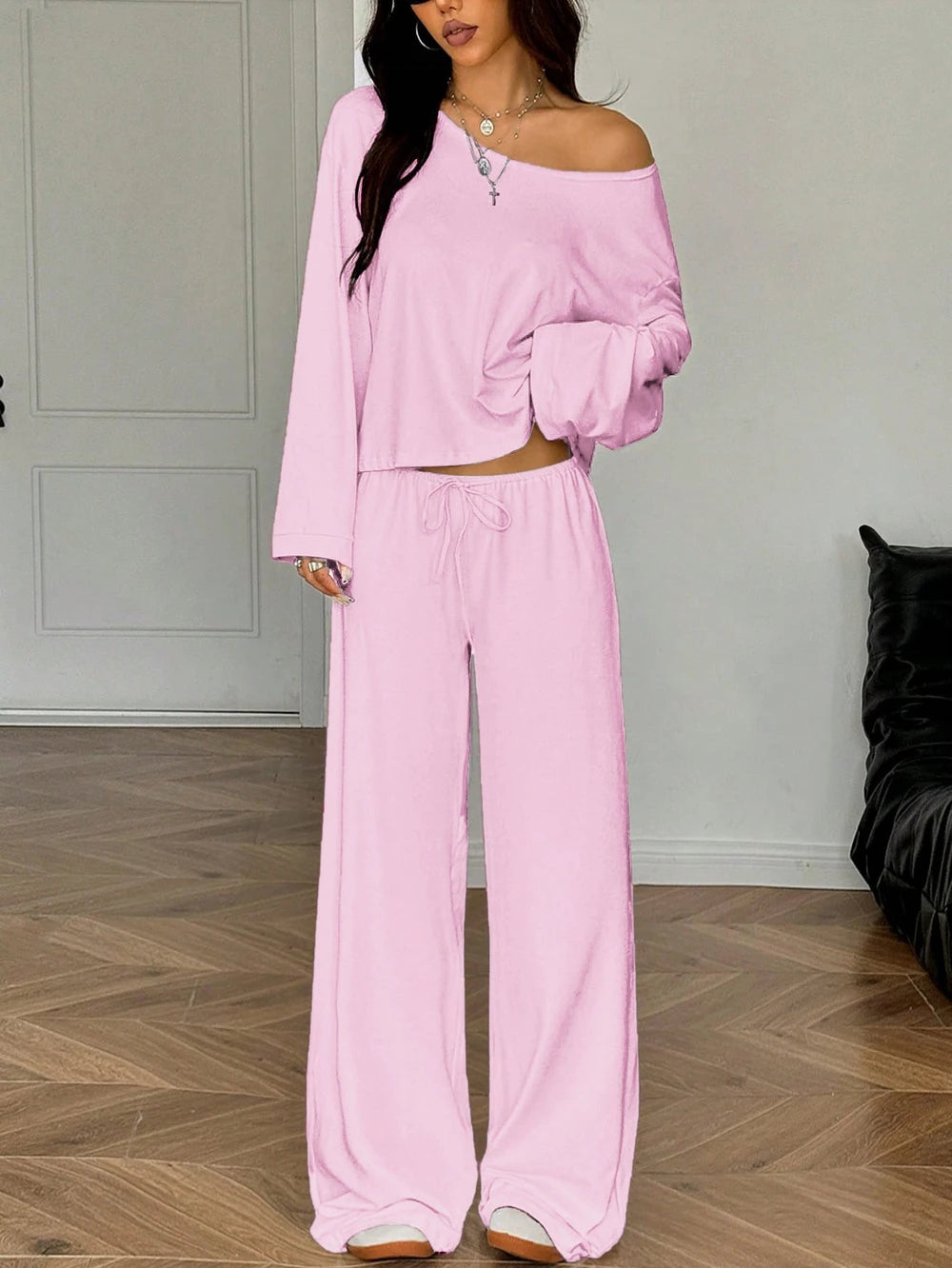 Womens Solid-Color Casual Off-the-Shoulder Long-Sleeve Pants