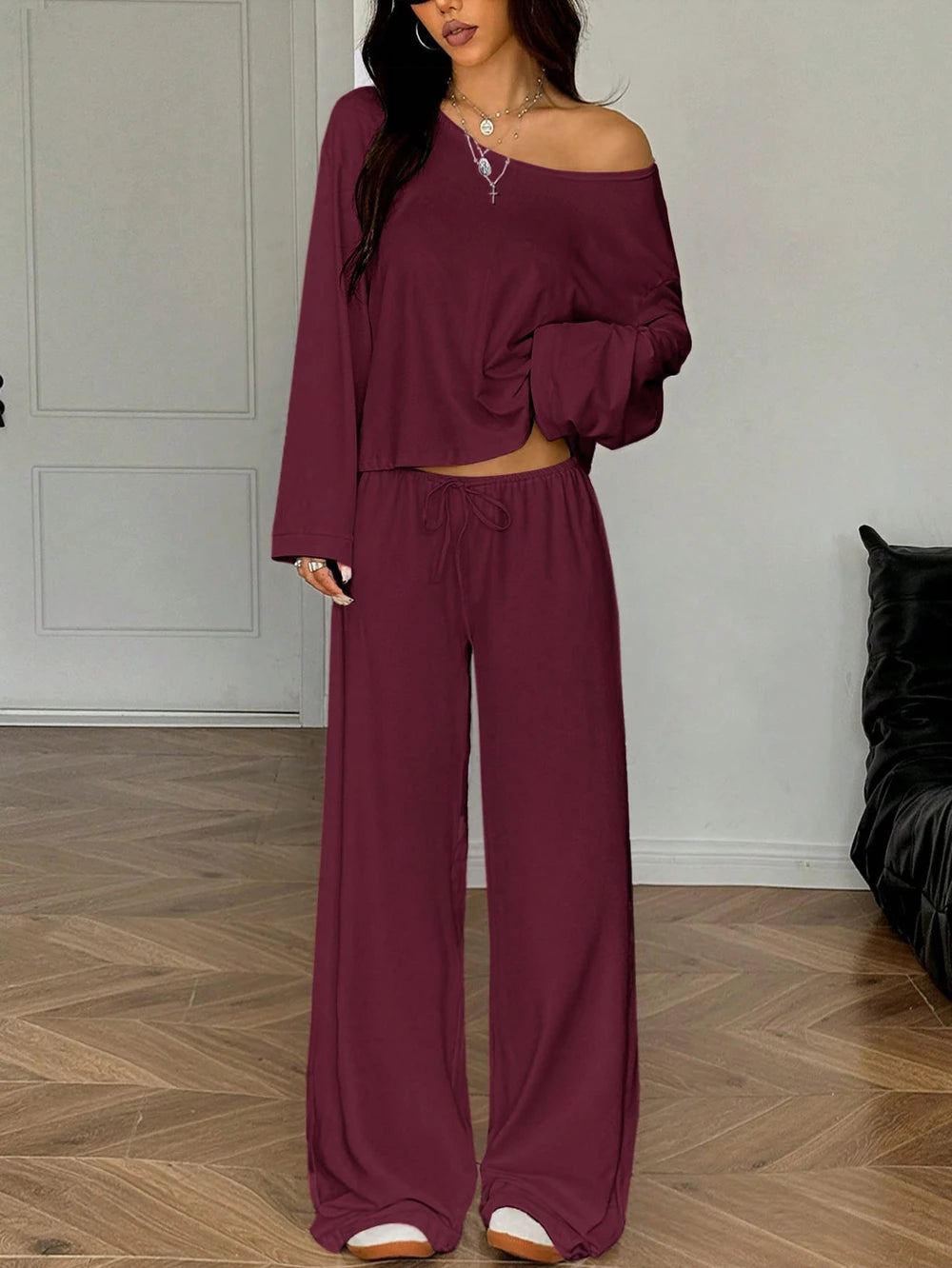 Womens Solid-Color Casual Off-the-Shoulder Long-Sleeve Pants