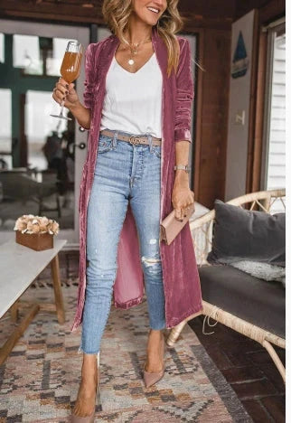 European And American Women's Loose Gold Velvet Elastic Long Coat