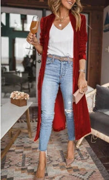 European And American Women's Loose Gold Velvet Elastic Long Coat