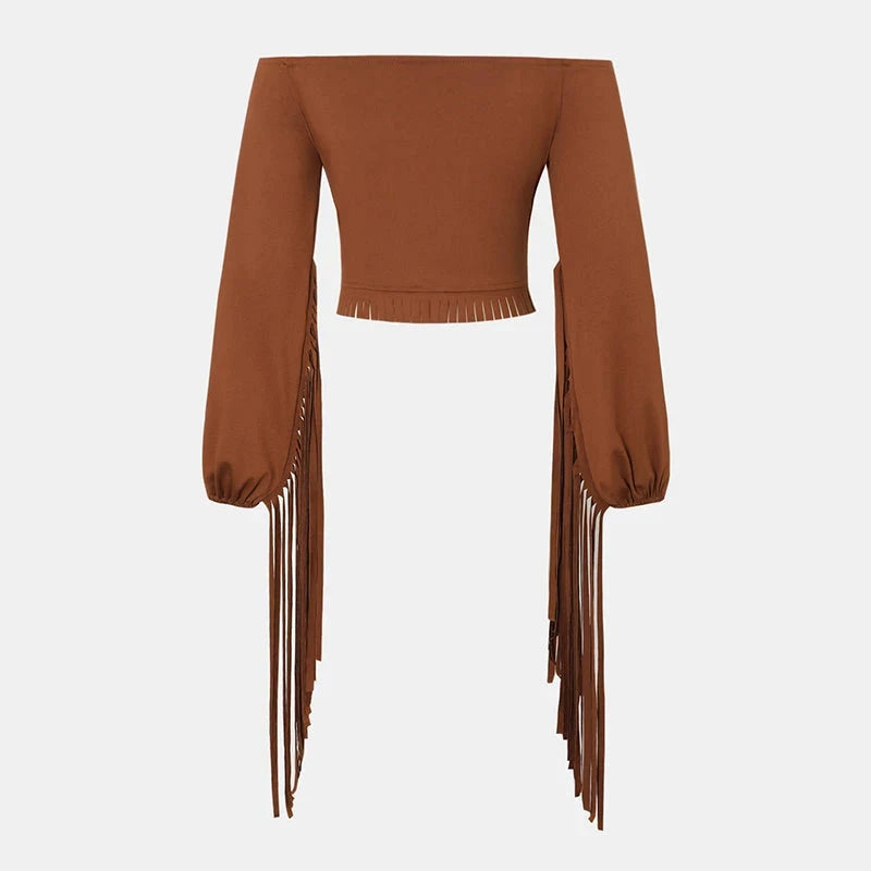 Women's Solid Color Western Cowgirl Style Off-Shoulder Fringe Top - Sexy Slim Fitted Long Sleeve Tassel Blouse
