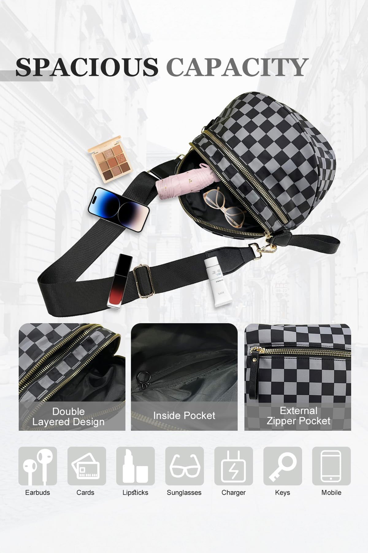 Chicory Coffee Checkered Print Wide Strap Large Crossbody Bag