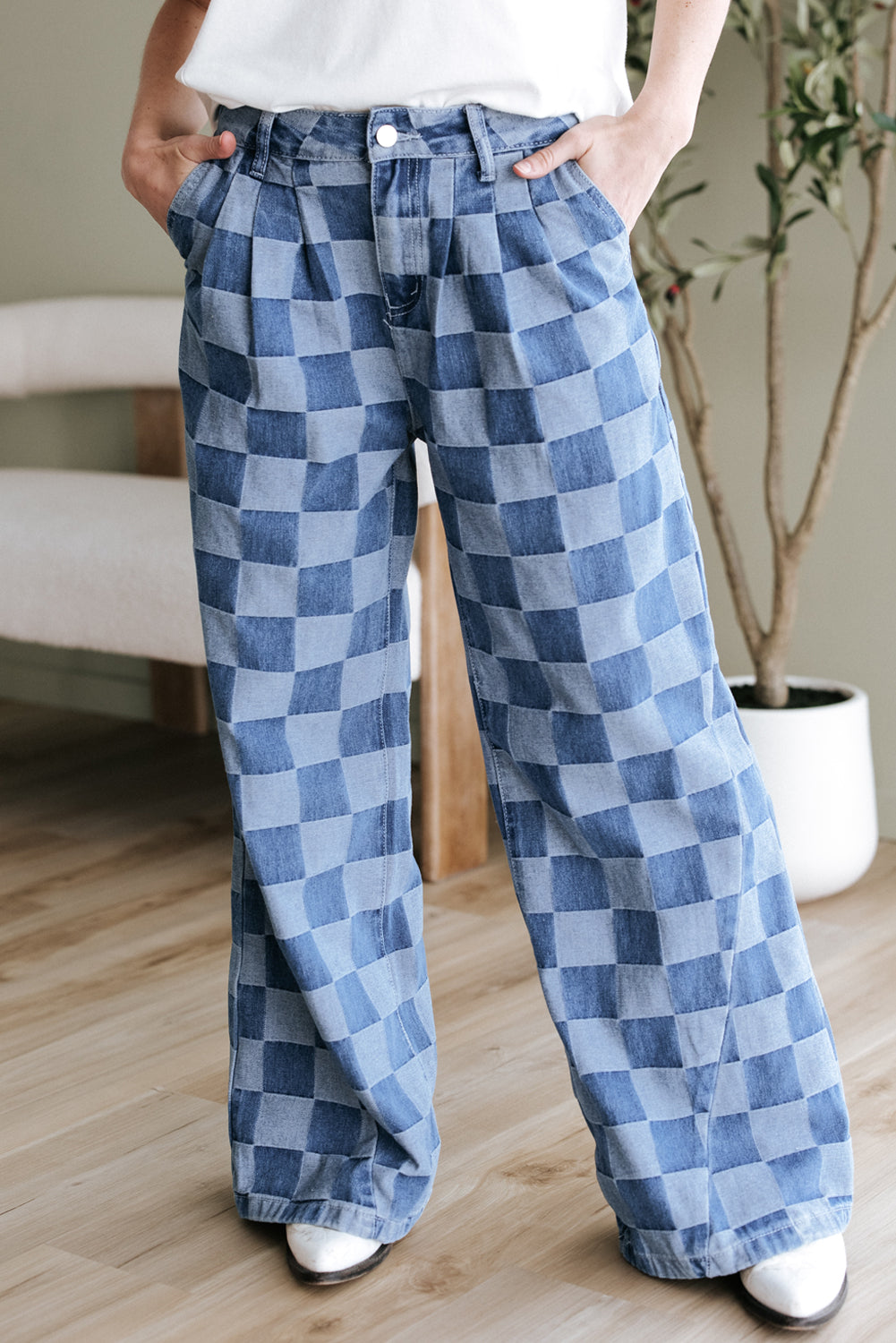 Gray Checkerboard Wide-Leg Pants