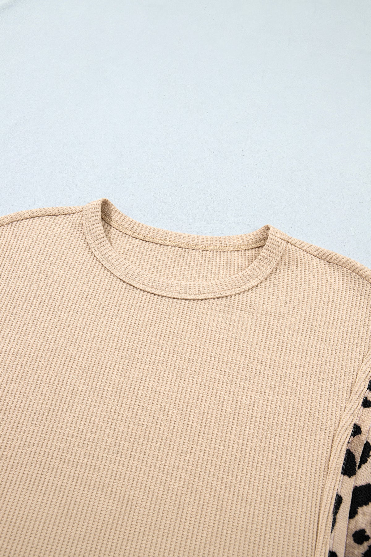 Beige Waffle Knit Top with Leopard Print Sleeves