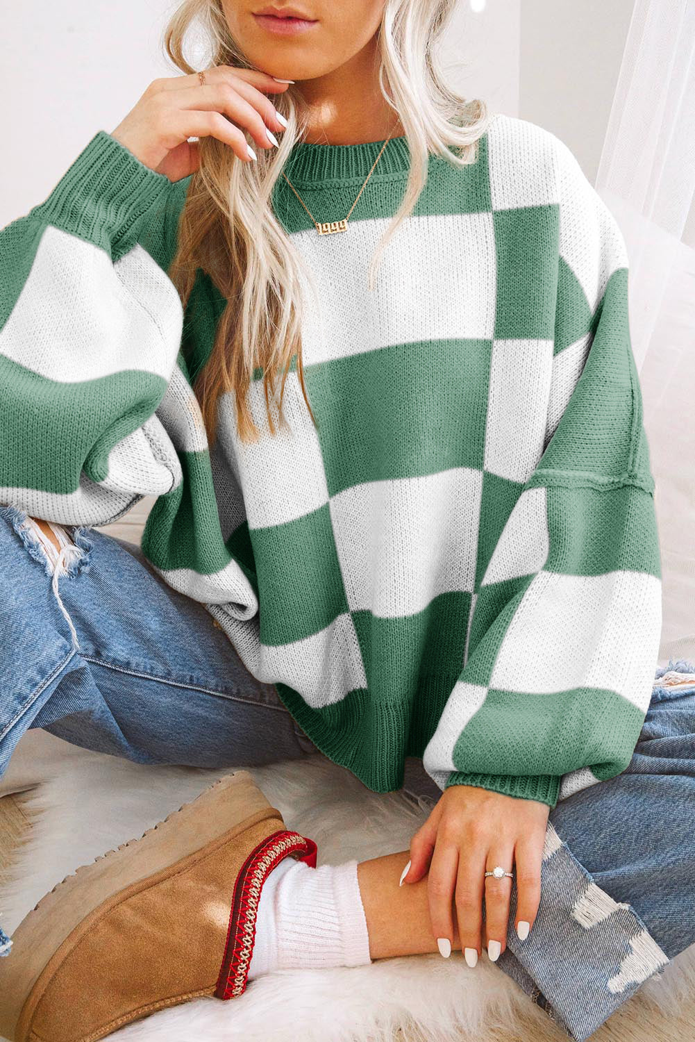 Women’s Oversized Checkerboard Knit Sweater – Crewneck Pullover