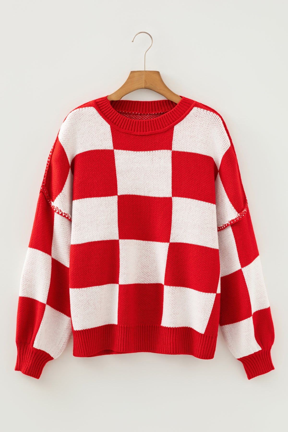 Women’s Oversized Checkerboard Knit Sweater – Crewneck Pullover