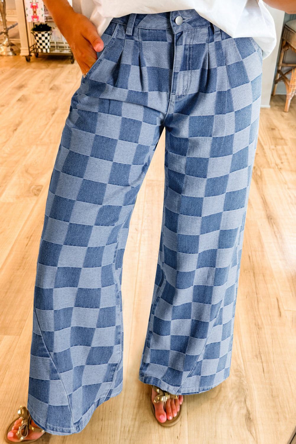 Gray Checkerboard Wide-Leg Pants