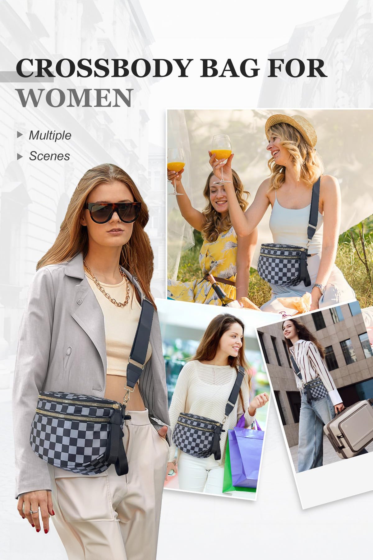 Chicory Coffee Checkered Print Wide Strap Large Crossbody Bag
