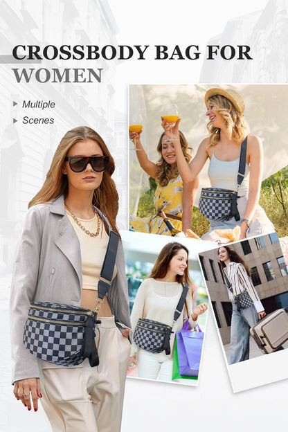 Chicory Coffee Checkered Print Wide Strap Large Crossbody Bag