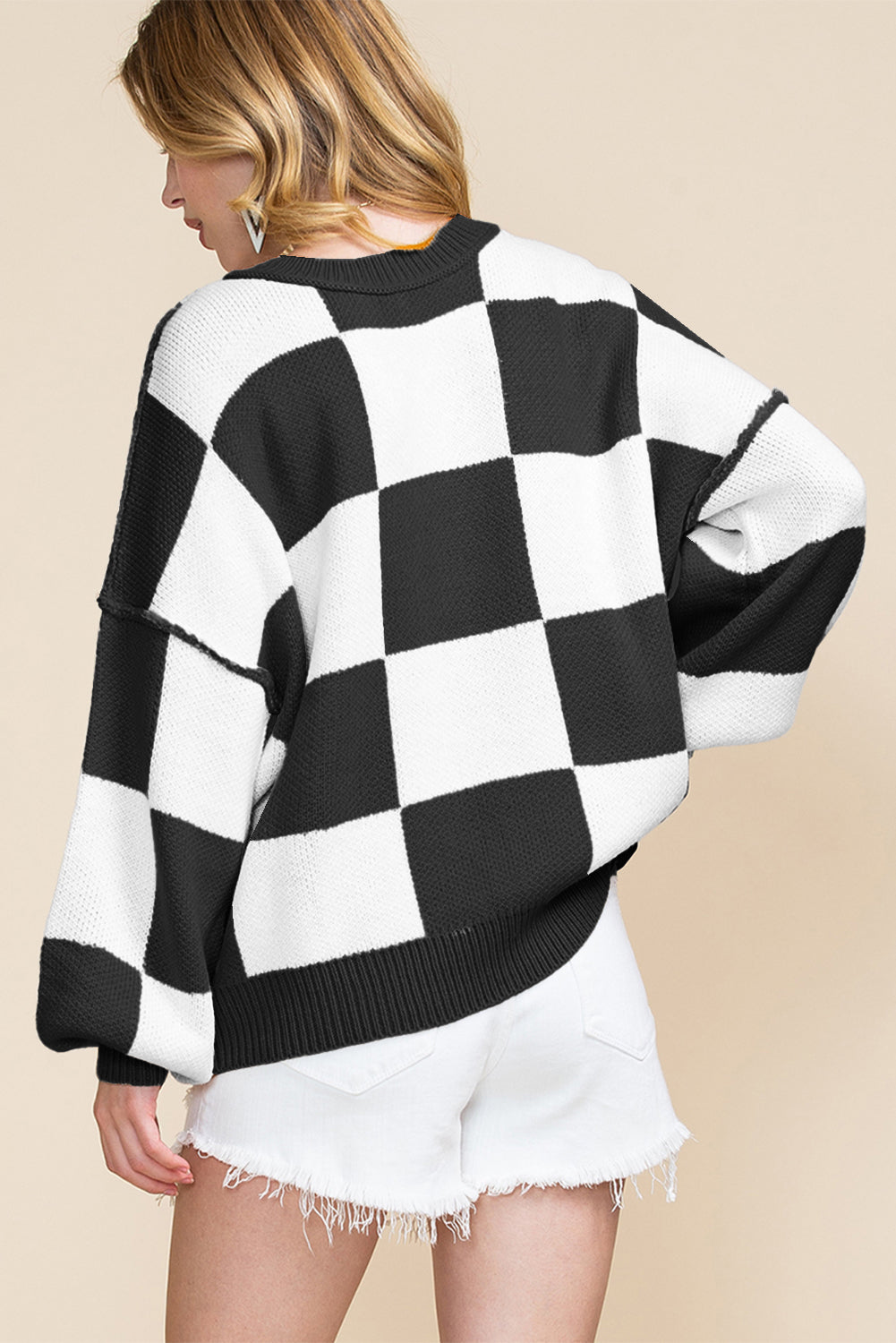 Women’s Oversized Checkerboard Knit Sweater – Crewneck Pullover