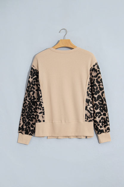 Beige Waffle Knit Top with Leopard Print Sleeves
