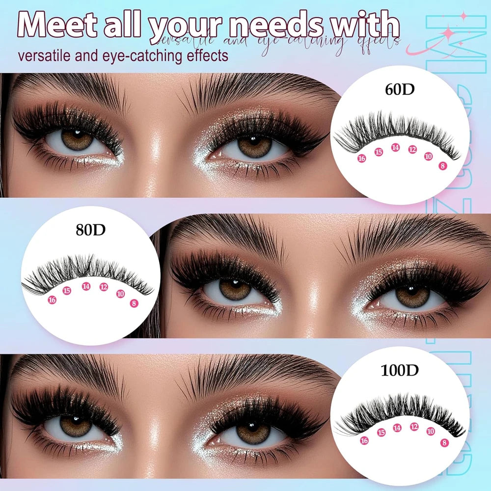 Lash Clusters Kit 708Pcs Individual Cluster Lash Extensions Kit 30D+40D+50D+60D+80D+100D Wispy Eyelash Clusters with Lash Bond and Seal and Tweezers 10-16Mm 6 Styles Mix Lashes Clusters Kit