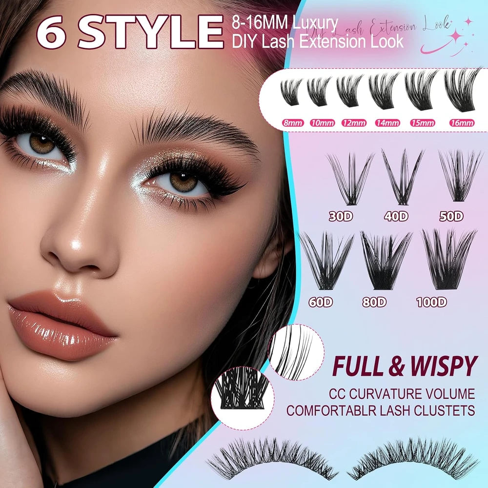 Lash Clusters Kit 708Pcs Individual Cluster Lash Extensions Kit 30D+40D+50D+60D+80D+100D Wispy Eyelash Clusters with Lash Bond and Seal and Tweezers 10-16Mm 6 Styles Mix Lashes Clusters Kit