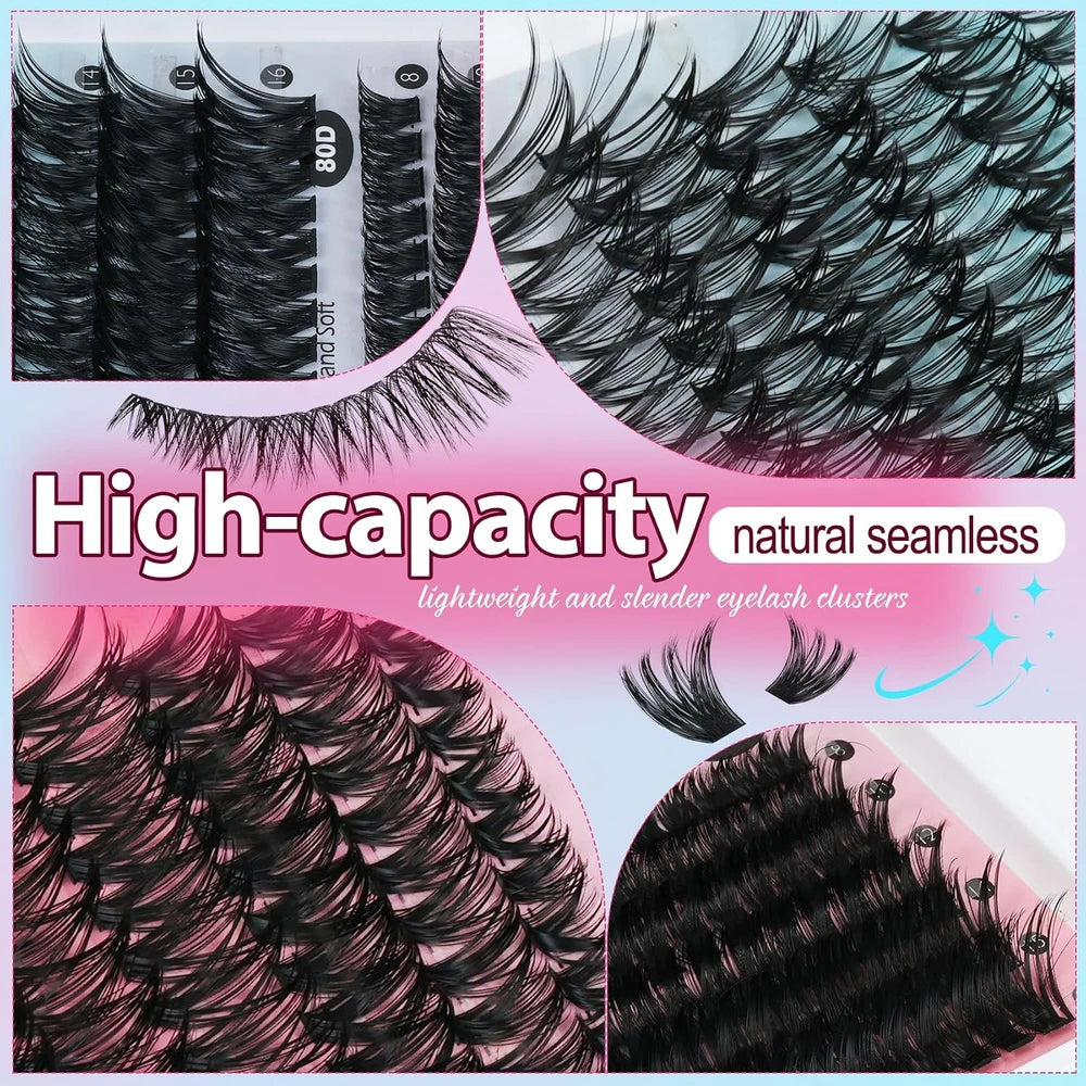 Lash Clusters Kit 708Pcs Individual Cluster Lash Extensions Kit 30D+40D+50D+60D+80D+100D Wispy Eyelash Clusters with Lash Bond and Seal and Tweezers 10-16Mm 6 Styles Mix Lashes Clusters Kit