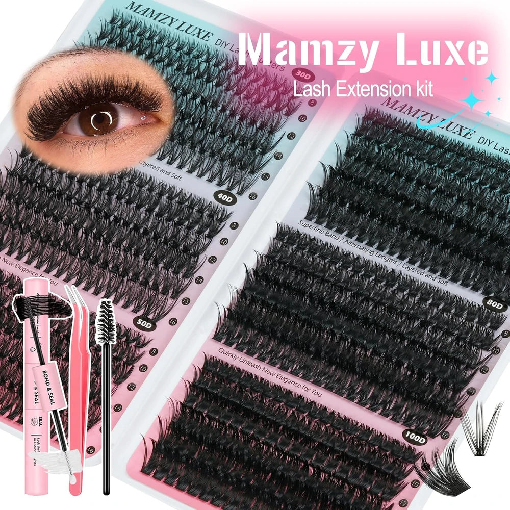 Lash Clusters Kit 708Pcs Individual Cluster Lash Extensions Kit 30D+40D+50D+60D+80D+100D Wispy Eyelash Clusters with Lash Bond and Seal and Tweezers 10-16Mm 6 Styles Mix Lashes Clusters Kit