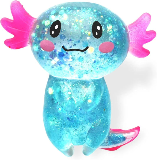 Glitter Axolotls Squishies Toy, Stretchy Axolotls Stress Ball, Fidget Toy for Anxiety Relief and Sensory Play, Pocket Size Squeeze Toys Gift for Kids Teens Adults.(Blue