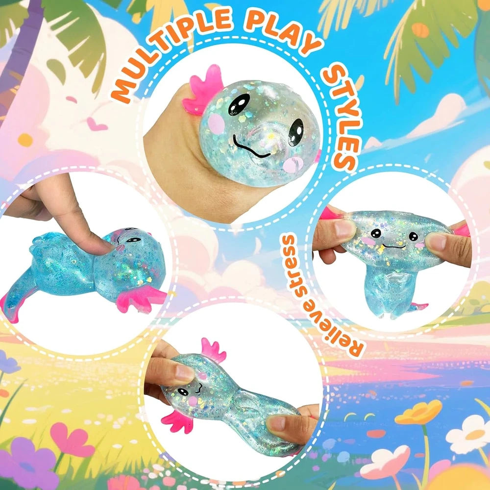 Glitter Axolotls Squishies Toy, Stretchy Axolotls Stress Ball, Fidget Toy for Anxiety Relief and Sensory Play, Pocket Size Squeeze Toys Gift for Kids Teens Adults.(Blue