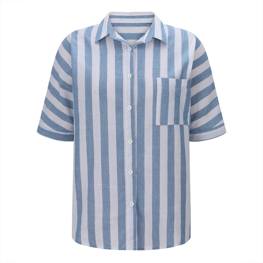 Madam Striped Short Sleeve Lapel Casual Button Pocket Cardigan Short Sleeve Shirt