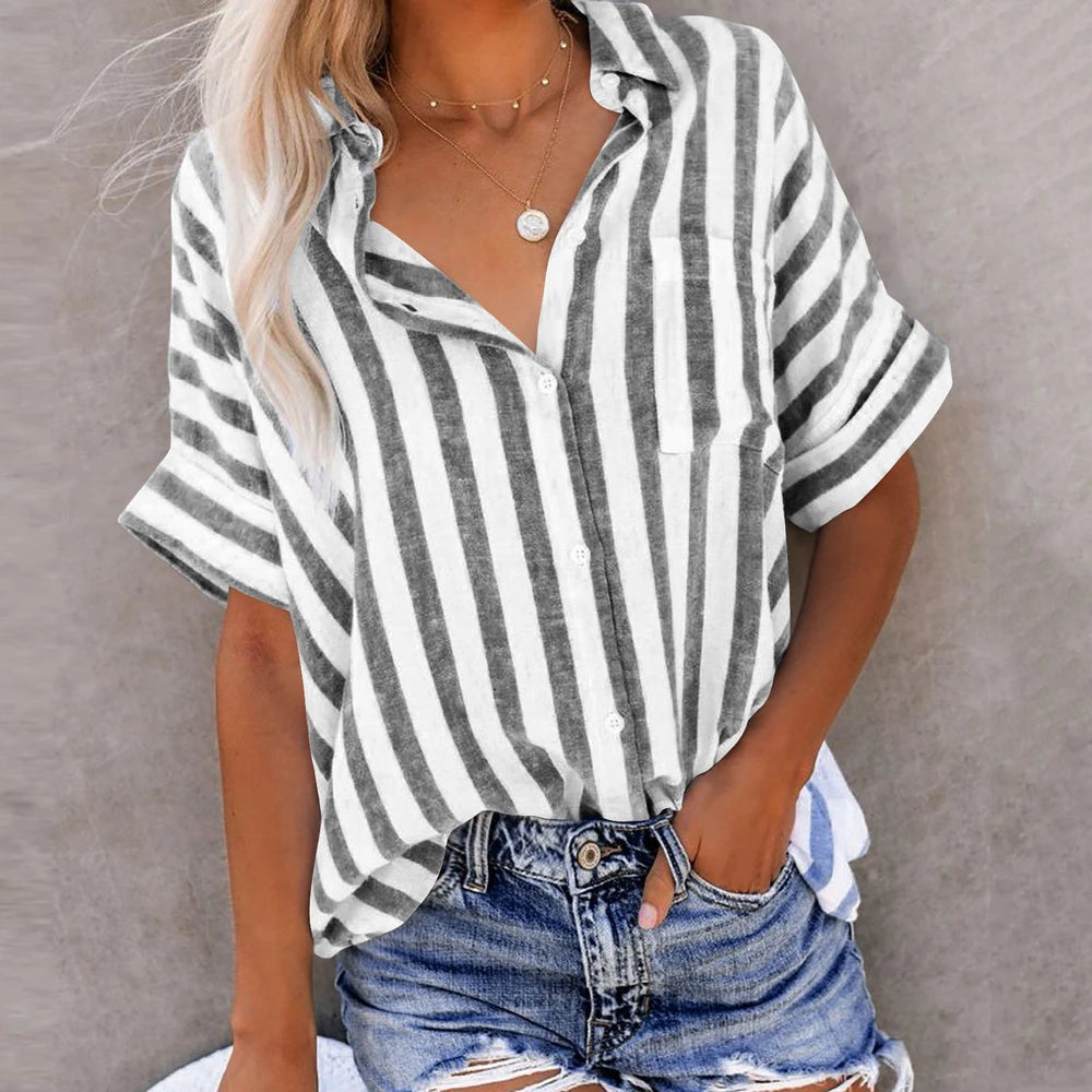 Madam Striped Short Sleeve Lapel Casual Button Pocket Cardigan Short Sleeve Shirt
