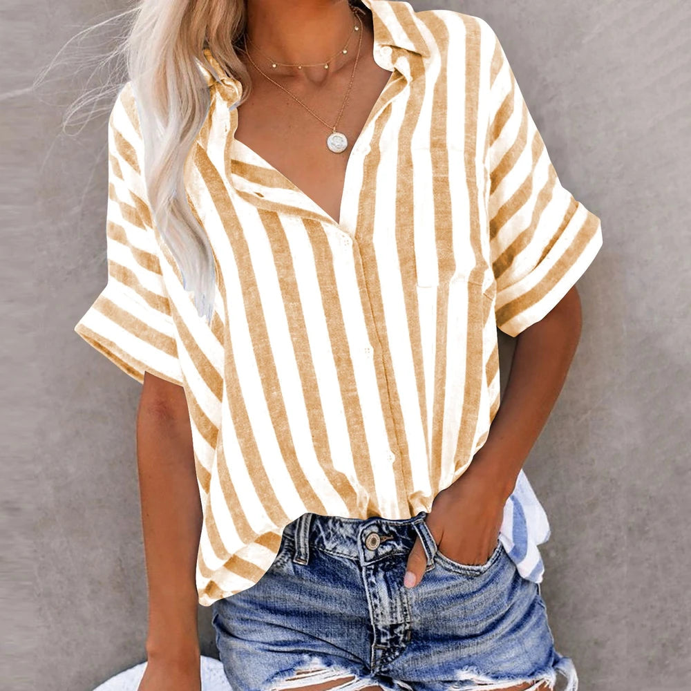 Madam Striped Short Sleeve Lapel Casual Button Pocket Cardigan Short Sleeve Shirt