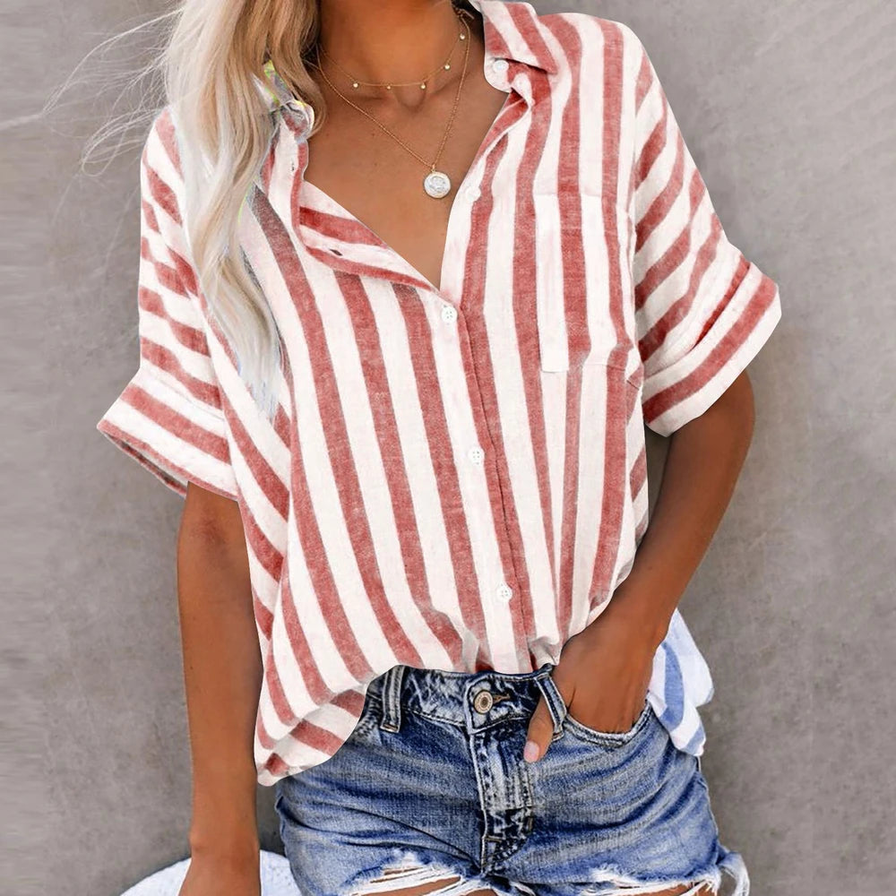 Madam Striped Short Sleeve Lapel Casual Button Pocket Cardigan Short Sleeve Shirt