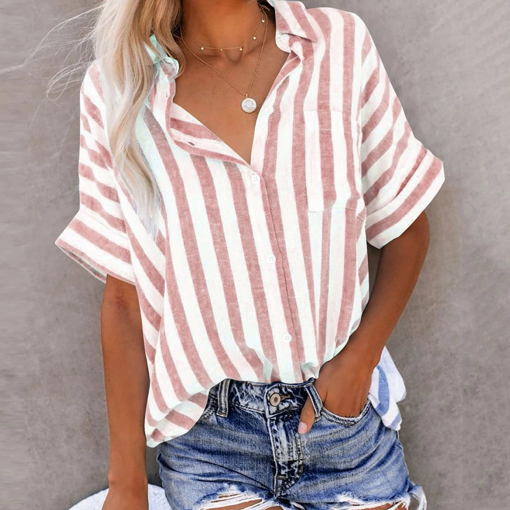 Madam Striped Short Sleeve Lapel Casual Button Pocket Cardigan Short Sleeve Shirt