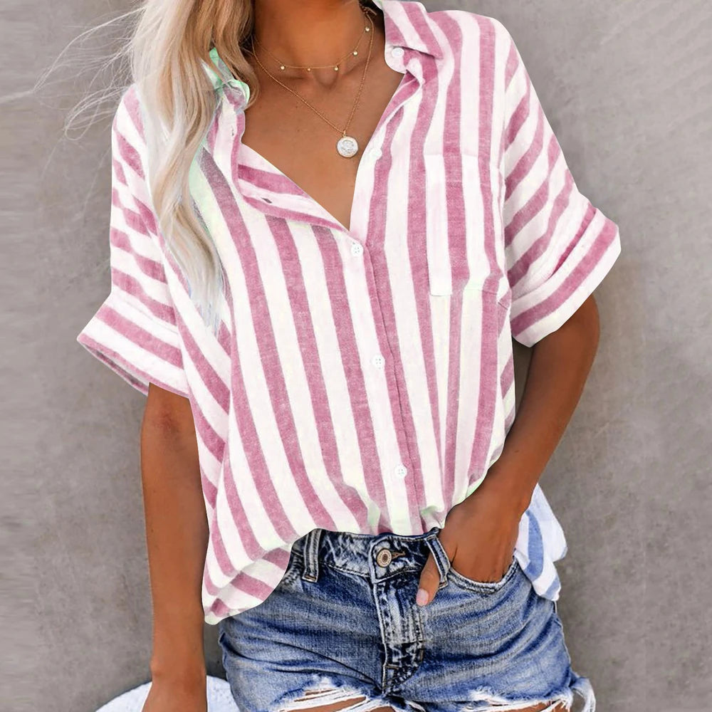 Madam Striped Short Sleeve Lapel Casual Button Pocket Cardigan Short Sleeve Shirt