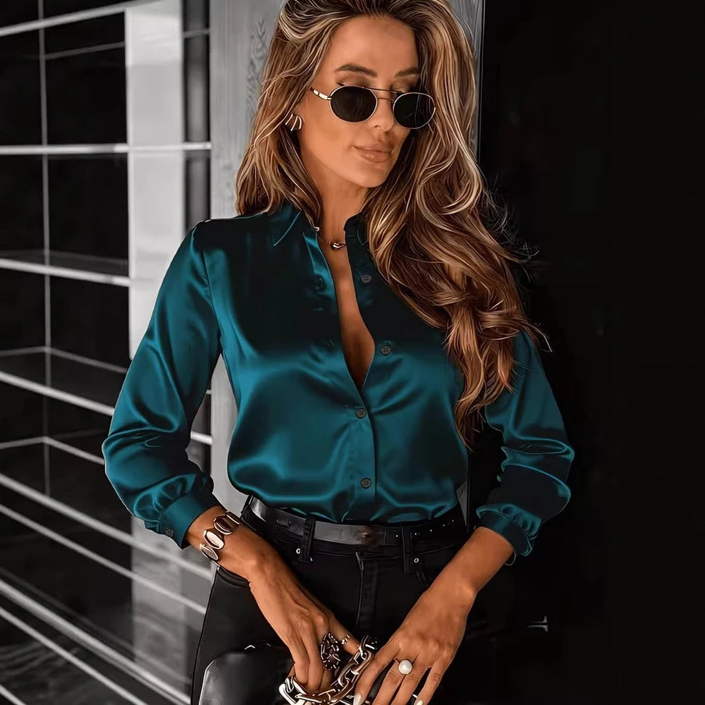 Commuter Drapey Satin Long-Sleeve Lapel Shirt For Women
