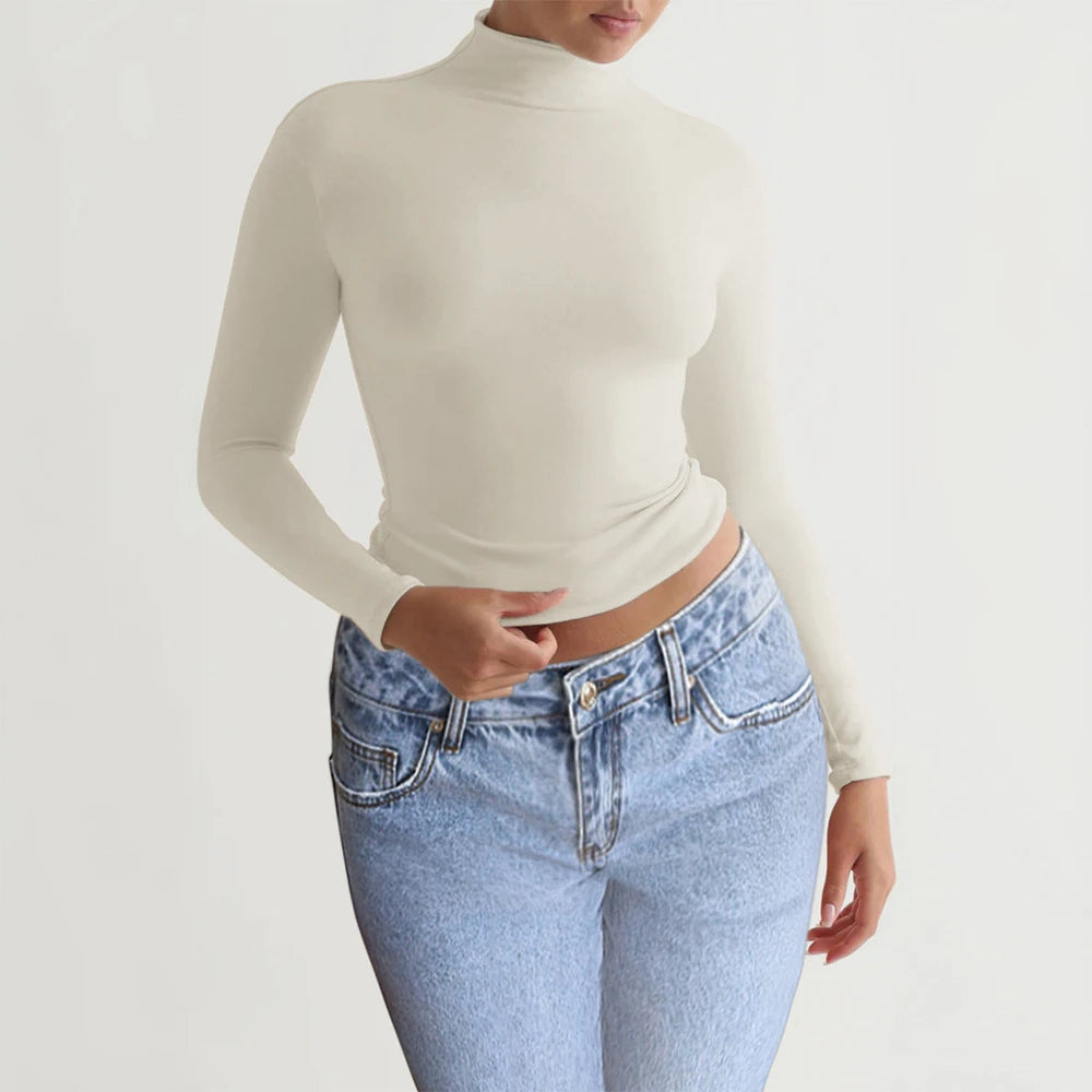 Y2K Slim Turtleneck T-shirt Fashion Casual Long-sleeved Pullover Tight Top Women's Clothing
