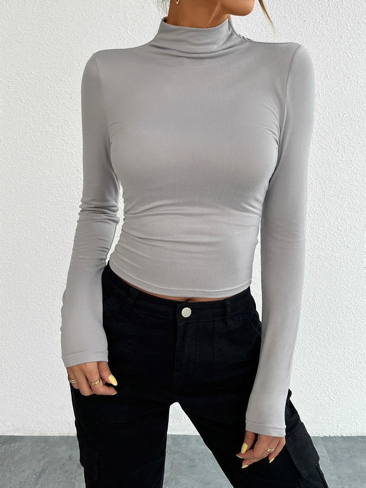 Y2K Slim Turtleneck T-shirt Fashion Casual Long-sleeved Pullover Tight Top Women's Clothing