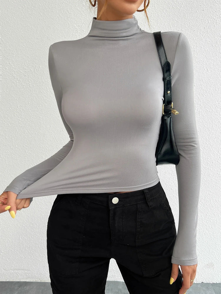 Y2K Slim Turtleneck T-shirt Fashion Casual Long-sleeved Pullover Tight Top Women's Clothing