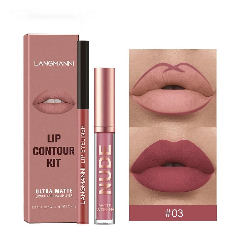 Langmanni lip contour kit with lip liner and lipstick on a white background