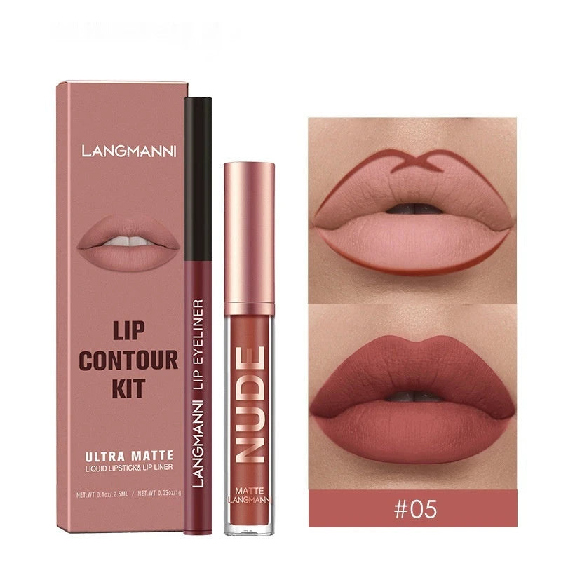 Langmanni Nude Lip Contour Kit showing the pink packaging box, the liquid lip liner tube, and two close-up lip application swatches on a white background.