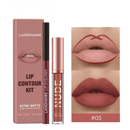 Langmanni Nude Lip Contour Kit showing the pink packaging box, the liquid lip liner tube, and two close-up lip application swatches on a white background.