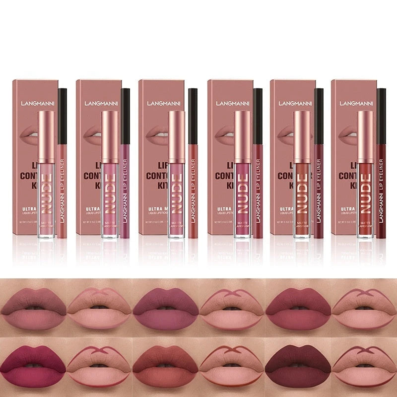 Set of Langmann lip products with packaging and color swatches on a white background