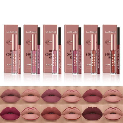 Set of Langmann lip products with packaging and color swatches on a white background