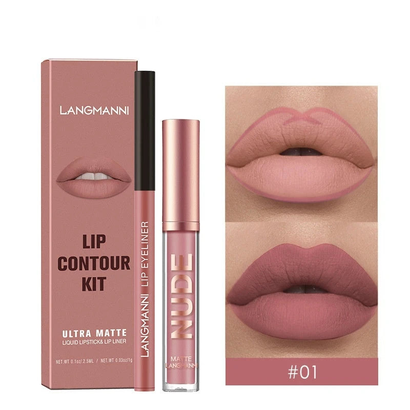 Langmanni lip contour kit with lip liner and lipstick, displayed with a close-up of lips wearing the product.
