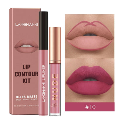 Langmanni Nude Lip Contour Kit in shade #10, featuring the pink packaging box, liquid lip liner tube with rose gold cap, and two close-up lip swatches showing the matte pink and mauve-pink contour effect.